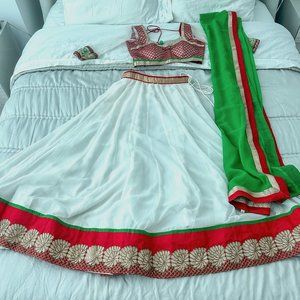 Chaniya Choli (great for Garba) in white, red, and green. Size 36!